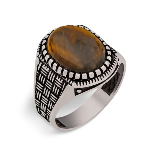 Herrenring 925 Sterling Silber mit Tigerauge – Ovaler Massiver Siegelring