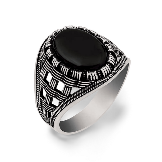 Herrenring aus 925 Sterling Silber mit Ovalem Onyx – Massiver Siegelring