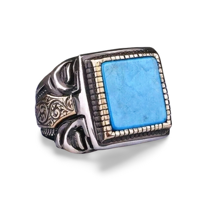Herrenring 925 Sterling Silber mit Türkis Stein – Massiver quadratischer Ring