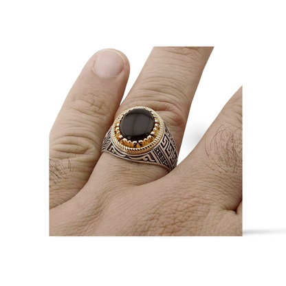 Herrenring 925 Sterling Silber mit Rundem Jemen Achat – Handgefertigt & Massiv