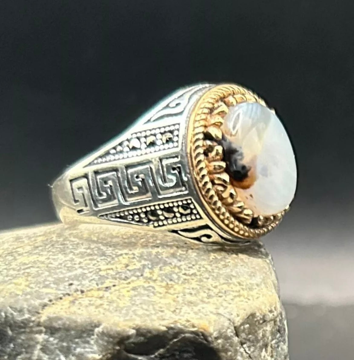 Herrenring 925 Sterling Silber mit Rundem Jemen Achat – Handgefertigt & Massiv