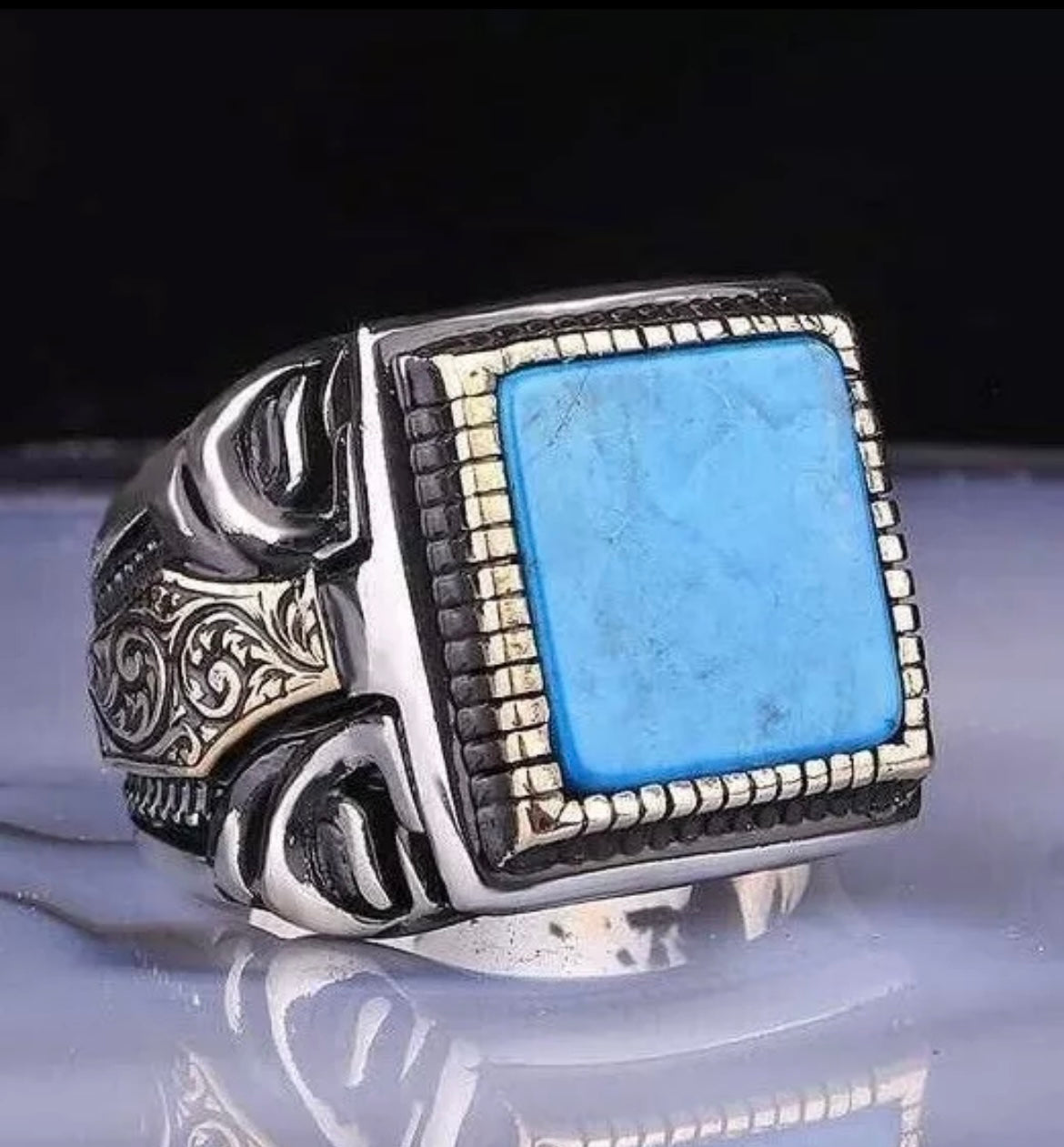 Herrenring 925 Sterling Silber mit Türkis Stein – Massiver quadratischer Ring