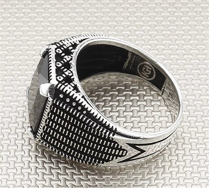 Herrenring 925 Sterling Silber mit schwarzem Zirkonia – Siegelring mit Gittermuster