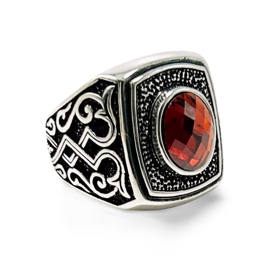 Herrenring 925 Sterling Silber mit rotem Zirkonia – Massiver Silberring