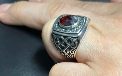 Herrenring 925 Sterling Silber mit rotem Zirkonia – Massiver Silberring