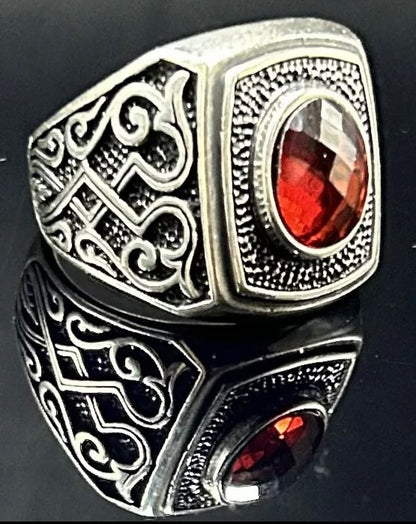 Herrenring 925 Sterling Silber mit rotem Zirkonia – Massiver Silberring
