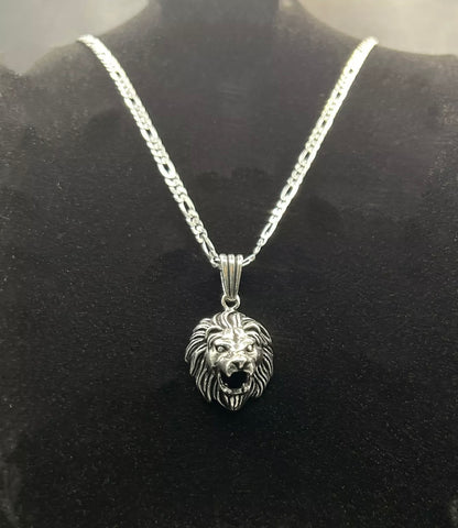 3D Löwenkopf Anhänger & 60 cm Figaro-Kette – 925 Sterling Silber Schmuck Löwe