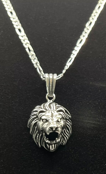 3D Löwenkopf Anhänger & 60 cm Figaro-Kette – 925 Sterling Silber Schmuck Löwe