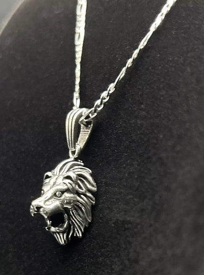 3D Löwenkopf Anhänger & 60 cm Figaro-Kette – 925 Sterling Silber Schmuck Löwe