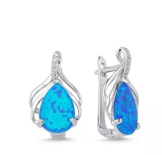 925 ECHT SILBER RHODINIERTE OPAL & ZIRKONIA OHRRINGE – Tropfenform Blau