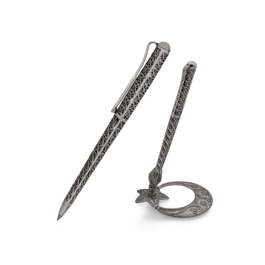 Ay Yıldız Kugelschreiber mit Halter – Massiv 925 Sterling Silber Schreibset Halbmond Stern Design