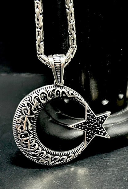 AY YILDIZ Anhänger mit Königskette – 925 Sterling Silber | Kelime-i Tevhid Halbmond Stern Halskette