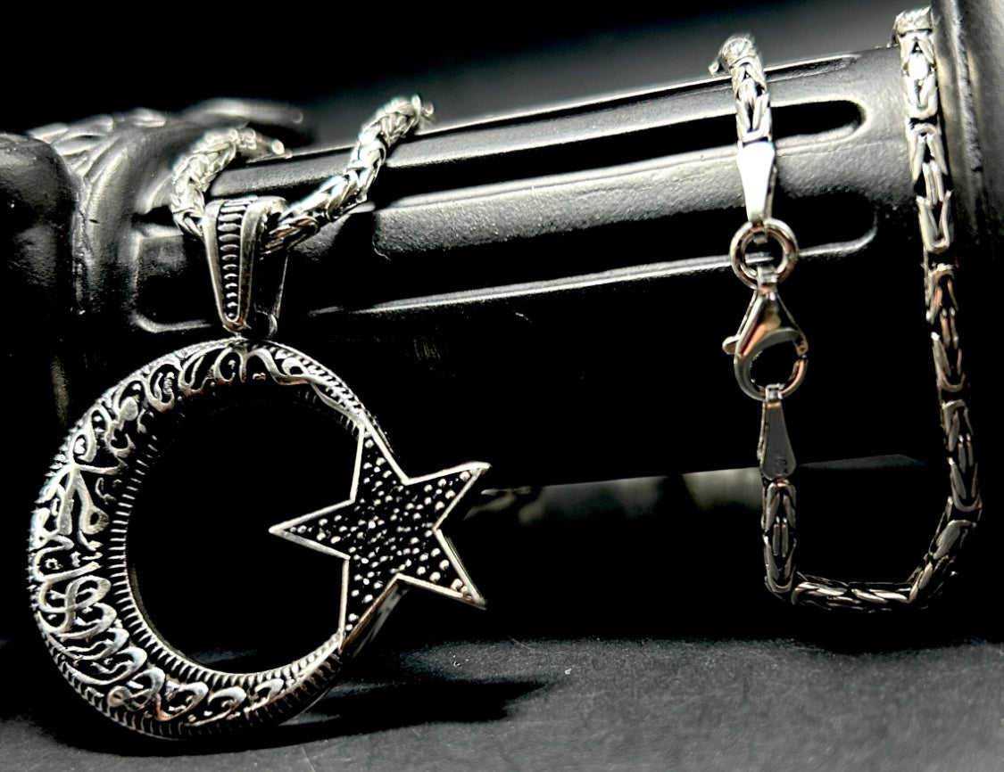 AY YILDIZ Anhänger mit Königskette – 925 Sterling Silber | Kelime-i Tevhid Halbmond Stern Halskette