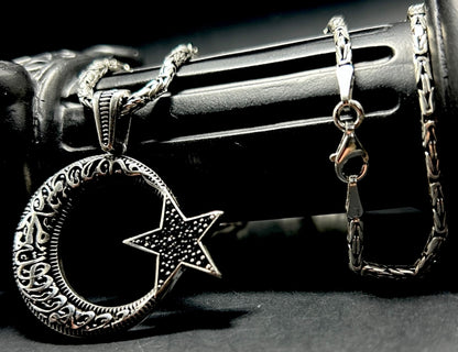 AY YILDIZ Anhänger mit Königskette – 925 Sterling Silber | Kelime-i Tevhid Halbmond Stern Halskette
