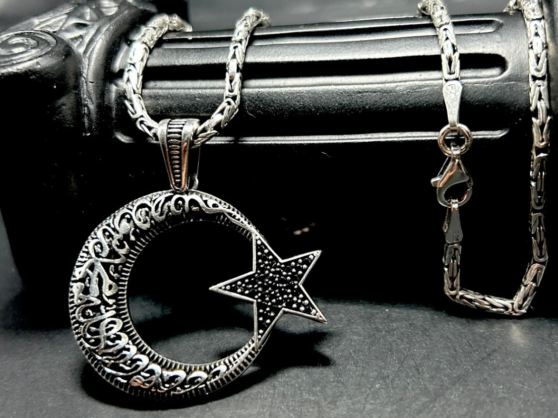 AY YILDIZ Anhänger mit Königskette – 925 Sterling Silber | Kelime-i Tevhid Halbmond Stern Halskette