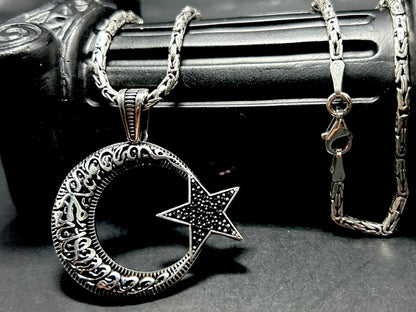 AY YILDIZ Anhänger mit Königskette – 925 Sterling Silber | Kelime-i Tevhid Halbmond Stern Halskette