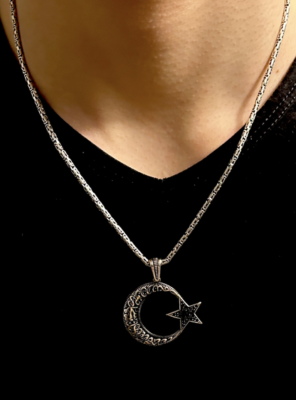 AY YILDIZ Anhänger mit Königskette – 925 Sterling Silber | Kelime-i Tevhid Halbmond Stern Halskette