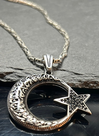 AY YILDIZ Anhänger mit Königskette – 925 Sterling Silber | Kelime-i Tevhid Halbmond Stern Halskette