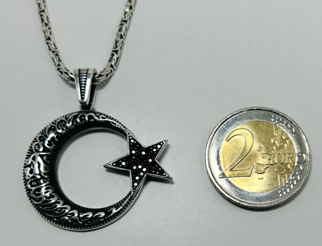 AY YILDIZ Anhänger mit Königskette – 925 Sterling Silber | Kelime-i Tevhid Halbmond Stern Halskette
