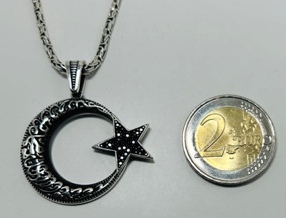 AY YILDIZ Anhänger mit Königskette – 925 Sterling Silber | Kelime-i Tevhid Halbmond Stern Halskette