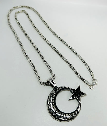 AY YILDIZ Anhänger mit Königskette – 925 Sterling Silber | Kelime-i Tevhid Halbmond Stern Halskette