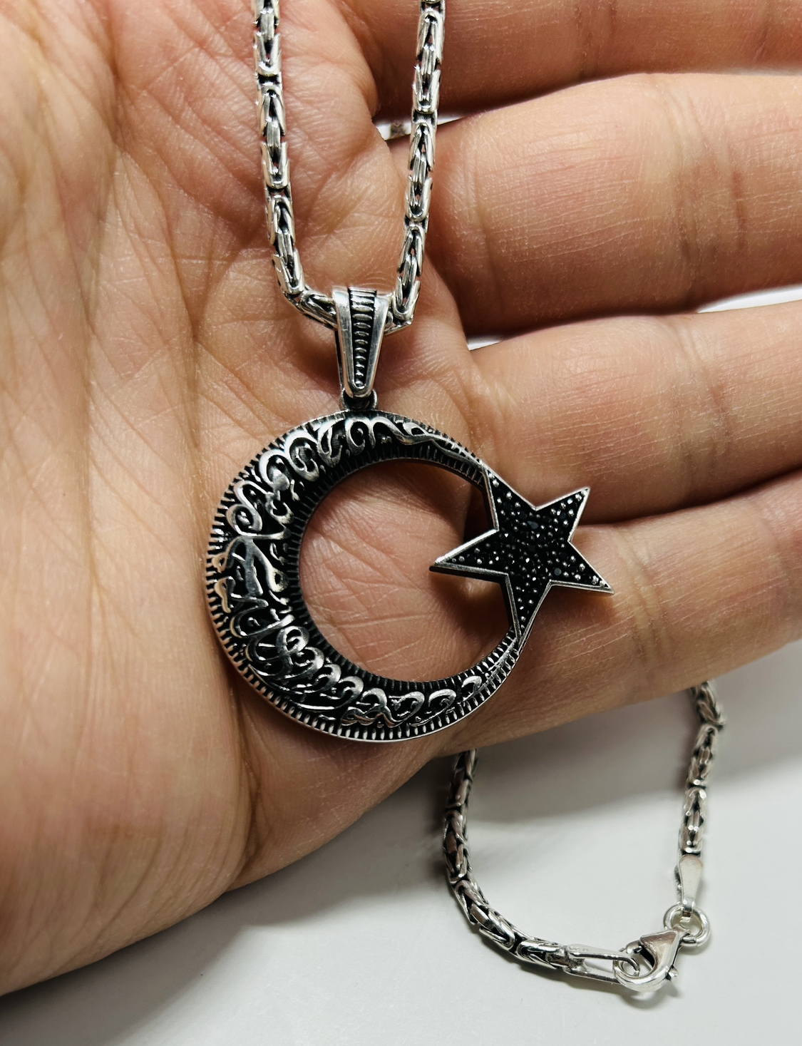 AY YILDIZ Anhänger mit Königskette – 925 Sterling Silber | Kelime-i Tevhid Halbmond Stern Halskette