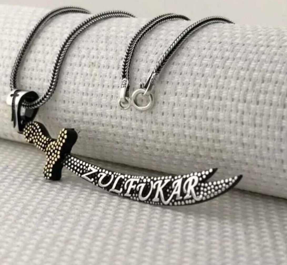 Zülfikar + mit 55 cm Kette doppelseitig - Dhu l-faqar 925 Silber Hz. Ali Schwert Anhänger