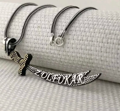 Zülfikar + mit 55 cm Kette doppelseitig - Dhu l-faqar 925 Silber Hz. Ali Schwert Anhänger