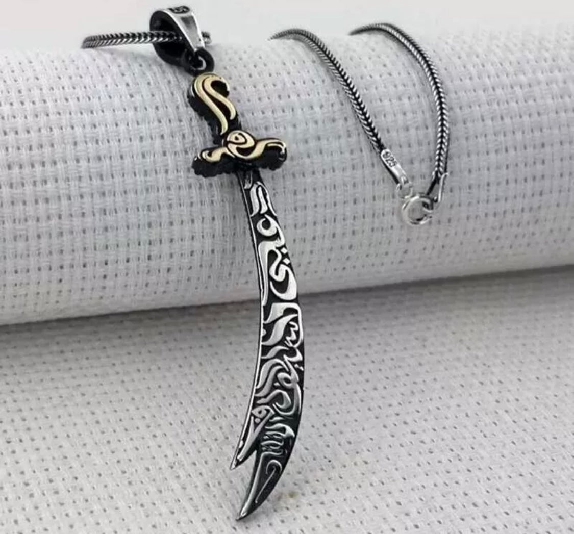 Zülfikar + mit 55 cm Kette doppelseitig - Dhu l-faqar 925 Silber Hz. Ali Schwert Anhänger