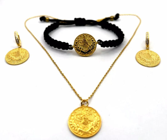 Osmanisches Tugra Schmuckset 925 Silber vergoldet | Halskette, Armband & Ohrringe