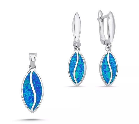 Schmuckset Damen 925 Silber Blau | Opal Halskette & Ohrringe rhodiniert