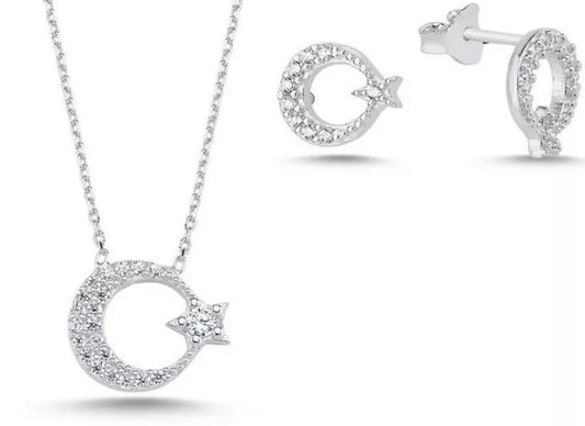 Ay Yildiz Damen Schmuckset 925 Silber | Halskette & Ohrstecker mit Zirkonia