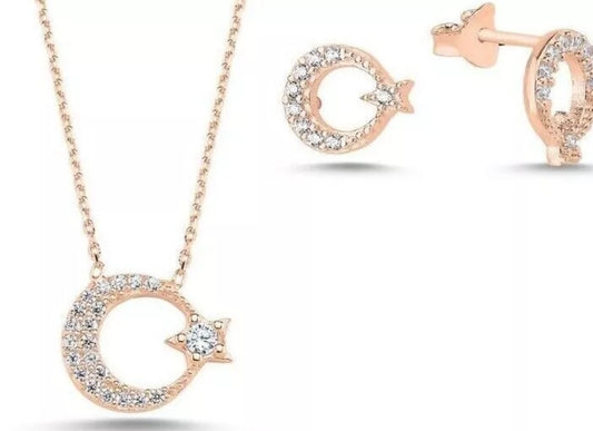 Ay Yildiz Damen Schmuckset 925 Silber Roségold | Halskette & Ohrstecker mit Zirkonia