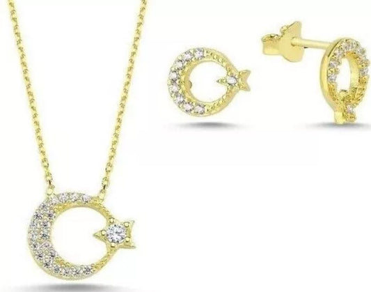Ay Yildiz Damen Schmuckset 925 Silber vergoldet | Halskette & Ohrstecker mit Zirkonia