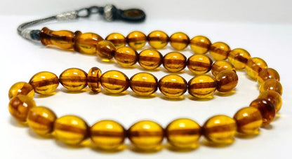 Tesbih aus echtem Bernstein – Kehribar  Gerstenform-Perlen & 925 Silber Quaste –  in Leder-Holz Box