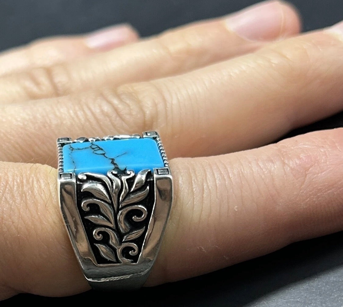 Herrenring 925 Silber mit Türkis natürllicher Edelstein Herren Ring