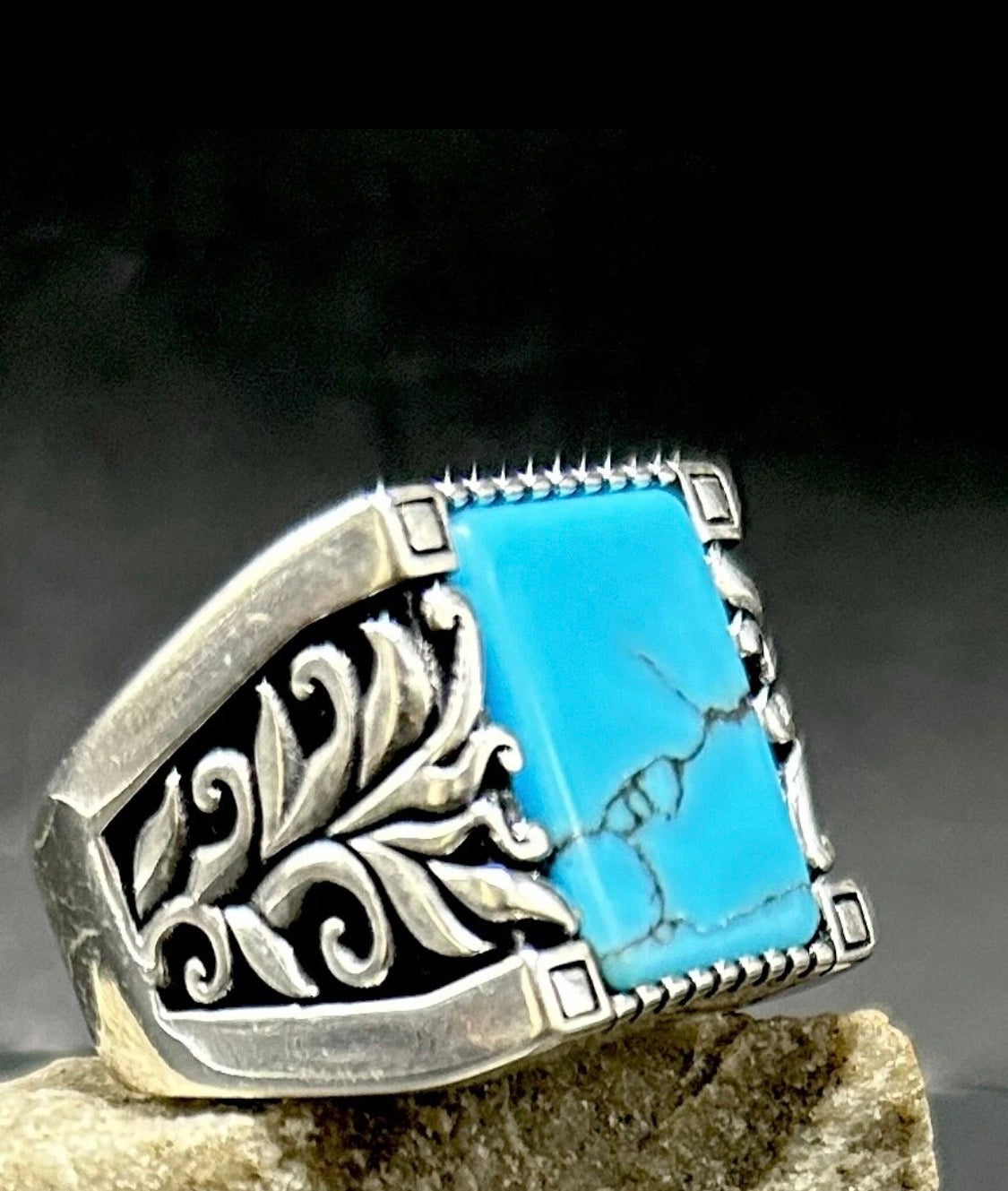 Herrenring 925 Silber mit Türkis natürllicher Edelstein Herren Ring