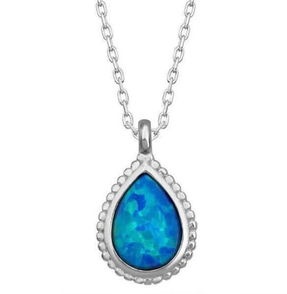 925er Silber Halskette mit Tropfenform Anhänger – Blauer Opal Edelstein, Handgefertigt