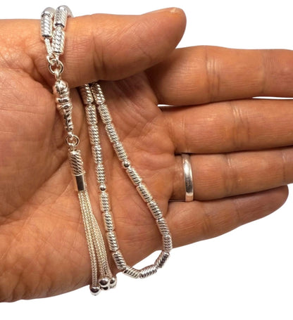 Tesbih aus 925er Silber - Gebetskette Kapselform Facettierter Diamantschliff Sterlingsilber