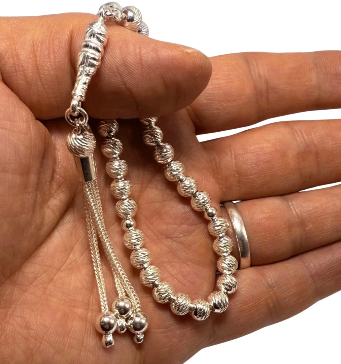 Tesbih aus 925er Silber - Gebetskette Rund Facettierter Diamantschliff Sterlingsilber