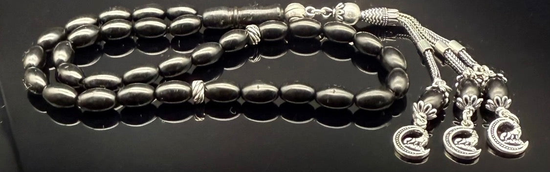 Tesbih aus echtem Rus Oltu Gagat – 925 Silber Quaste – Gebetskette