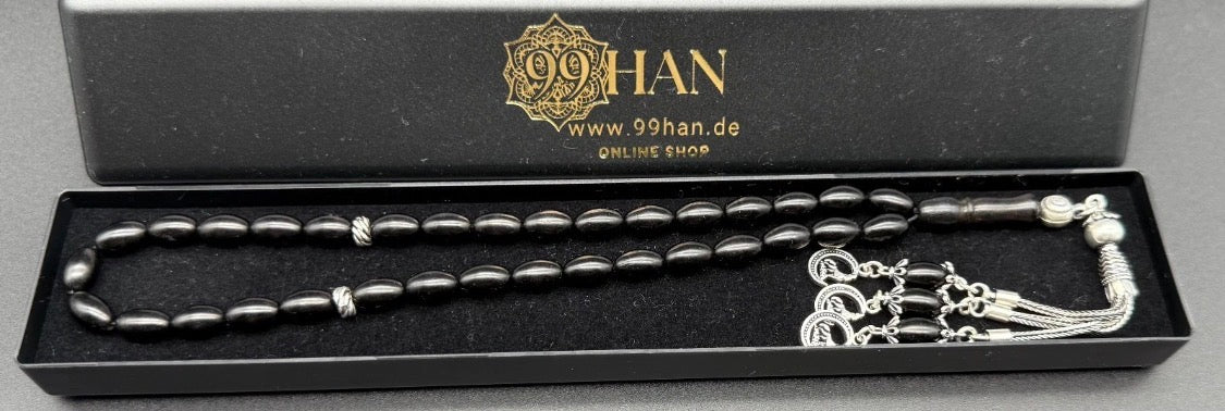 Tesbih aus echtem Rus Oltu Gagat – 925 Silber Quaste – Gebetskette