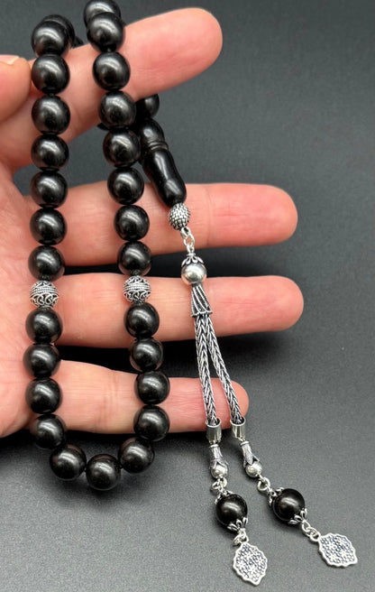 Tesbih aus echtem Rus Oltu Gagat – 925 Silber Quaste – Gebetskette Rundform 10mm