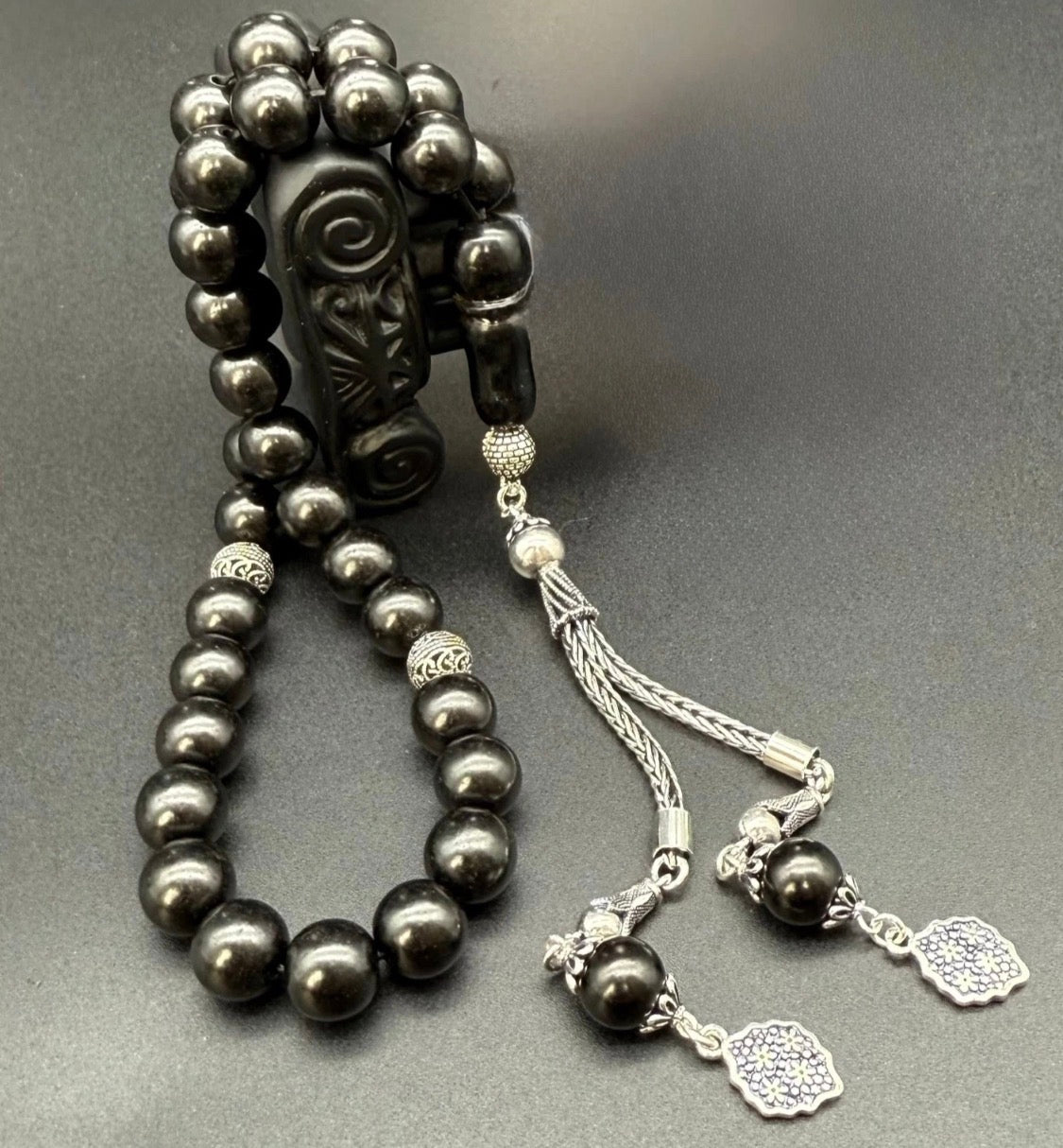 Tesbih aus echtem Rus Oltu Gagat – 925 Silber Quaste – Gebetskette Rundform 10mm
