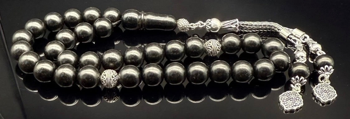 Tesbih aus echtem Rus Oltu Gagat – 925 Silber Quaste – Gebetskette Rundform 10mm