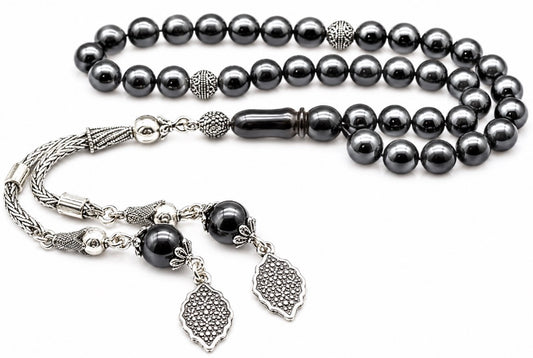Tesbih aus echtem Rus Oltu Gagat – 925 Silber Quaste – Gebetskette Rundform 10mm
