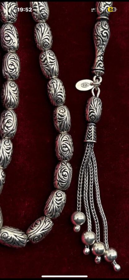 Tesbih aus 925er Silber - Stift Gravur handgefertigter spezielverarbeitet Sterlingsilber Gebetskette