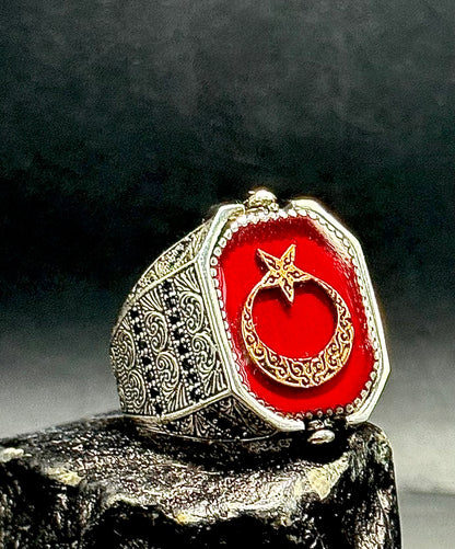Herrenring 925 Sterling Silber mit Doppelseitiges Design Siegel des Salomons Hz. Süleyman & Ay Yildiz