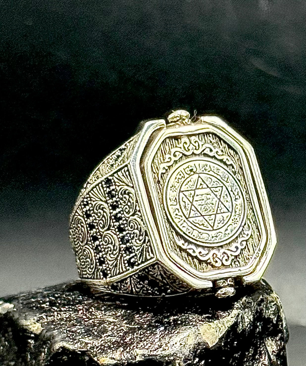 Herrenring 925 Sterling Silber mit Doppelseitiges Design Siegel des Salomons Hz. Süleyman & Ay Yildiz