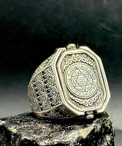 Herrenring 925 Sterling Silber mit Doppelseitiges Design Siegel des Salomons Hz. Süleyman & Ay Yildiz